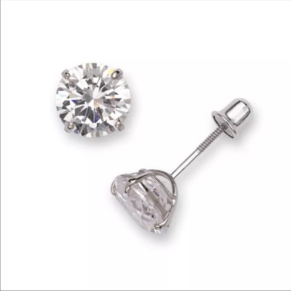14K Solid White Gold 6mm Round CZ Stud Earrings